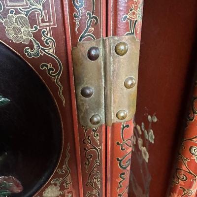 LOT #12 PAIR OF ANTIQUE RED LAQUER CABINETS WITH HIGHLY DECORATED PANELS