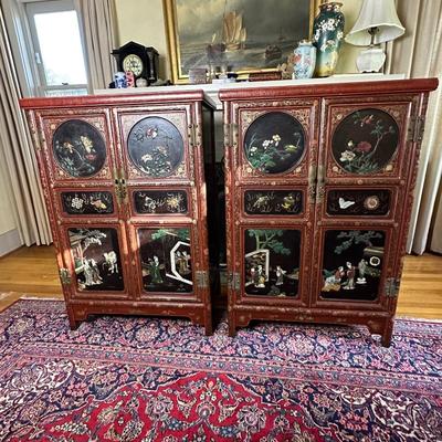LOT #12 PAIR OF ANTIQUE RED LAQUER CABINETS WITH HIGHLY DECORATED PANELS