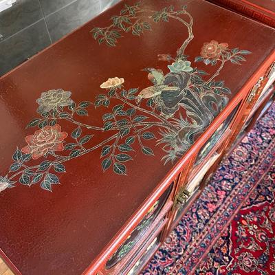 LOT #12 PAIR OF ANTIQUE RED LAQUER CABINETS WITH HIGHLY DECORATED PANELS