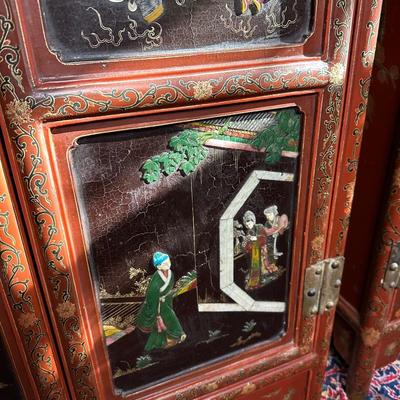 LOT #12 PAIR OF ANTIQUE RED LAQUER CABINETS WITH HIGHLY DECORATED PANELS
