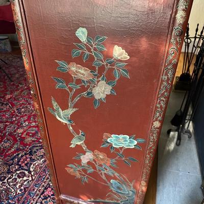 LOT #12 PAIR OF ANTIQUE RED LAQUER CABINETS WITH HIGHLY DECORATED PANELS
