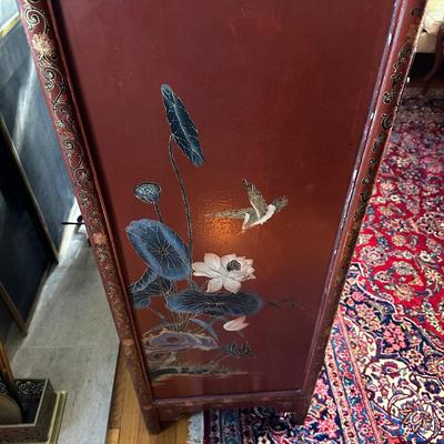 LOT #12 PAIR OF ANTIQUE RED LAQUER CABINETS WITH HIGHLY DECORATED PANELS