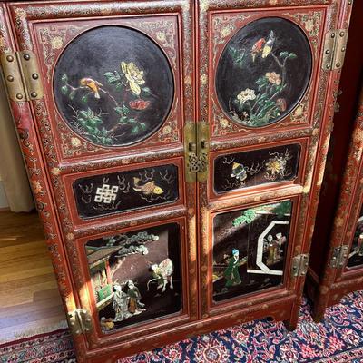 LOT #12 PAIR OF ANTIQUE RED LAQUER CABINETS WITH HIGHLY DECORATED PANELS