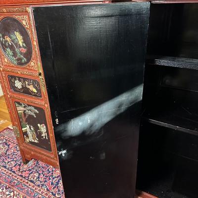 LOT #12 PAIR OF ANTIQUE RED LAQUER CABINETS WITH HIGHLY DECORATED PANELS