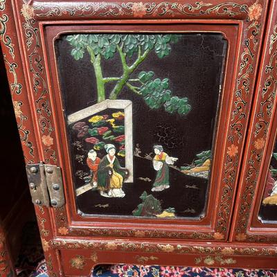 LOT #12 PAIR OF ANTIQUE RED LAQUER CABINETS WITH HIGHLY DECORATED PANELS