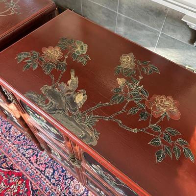 LOT #12 PAIR OF ANTIQUE RED LAQUER CABINETS WITH HIGHLY DECORATED PANELS
