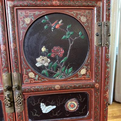LOT #12 PAIR OF ANTIQUE RED LAQUER CABINETS WITH HIGHLY DECORATED PANELS