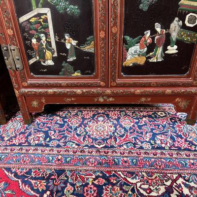 LOT #12 PAIR OF ANTIQUE RED LAQUER CABINETS WITH HIGHLY DECORATED PANELS