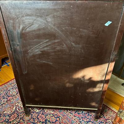 LOT #12 PAIR OF ANTIQUE RED LAQUER CABINETS WITH HIGHLY DECORATED PANELS