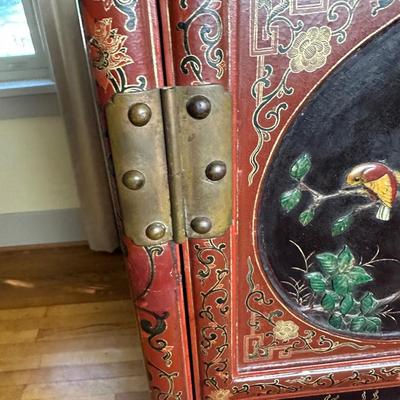 LOT #12 PAIR OF ANTIQUE RED LAQUER CABINETS WITH HIGHLY DECORATED PANELS