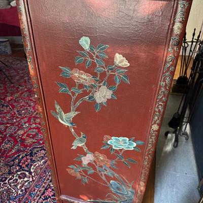 LOT #12 PAIR OF ANTIQUE RED LAQUER CABINETS WITH HIGHLY DECORATED PANELS