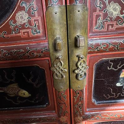 LOT #12 PAIR OF ANTIQUE RED LAQUER CABINETS WITH HIGHLY DECORATED PANELS