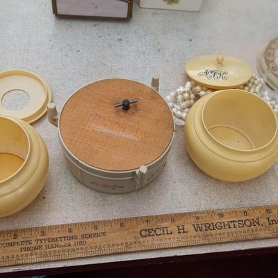 2 Vintage Celluloid Powder, Ceramic Boxes Vanity Dresser Set