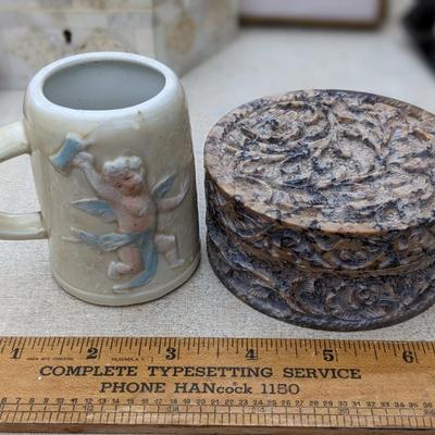 Cute Vtg Cherub Mug and Carved Stone Trinket holder