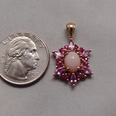 14K Gold Pink Opal with Pink Sapphires and Rhodolite Garnets Pendant 3.4g (#109)