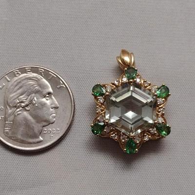 10K White Gold Green Amethyst Center Stone with Chrome Diopside and Diamonds Pendant 4.4g (#112)