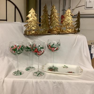 0002 Lot of Christmas Stemware, Royal Albert Plate, Gold Candle Tree Holder