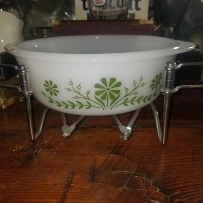 8 inch GLassbake wite  grenn decoration with holder