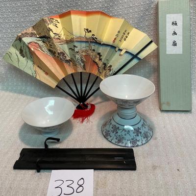 Japanese Style Bowl Dishes and Vintage Japanese Kyoto Fan