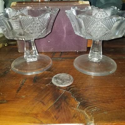 pair of 2 fancy oressed glass sherbers