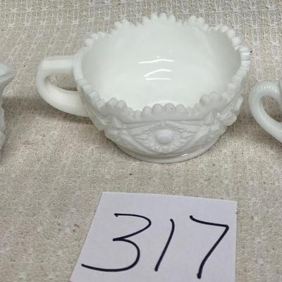 White Milk Glass Berry Bowl with a Handle And Vintage Creamer & Sugar Bowl Set