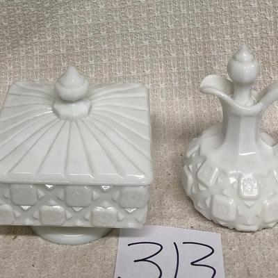 Milk Glass Cruet & Westmoreland  milk Glass Square Box with Lid
