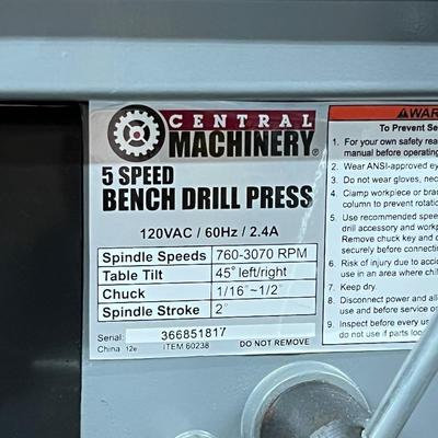 CENTRAL MACHINERY ~ 5 Speed Bench Drill Press