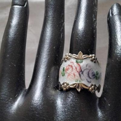 Breathtaking Vintage Handpainted Gold Vermeil Ring Size 7