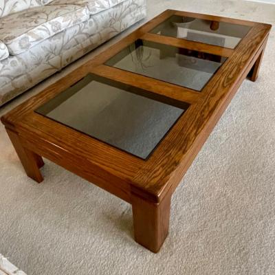 Retro Rectangular Oak & Smoked Glass Coffee Table