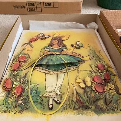 Set of 4 Retro 3-D litho plaques by M Hartnett, big-eyed girl