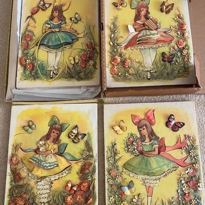 Set of 4 Retro 3-D litho plaques by M Hartnett, big-eyed girl