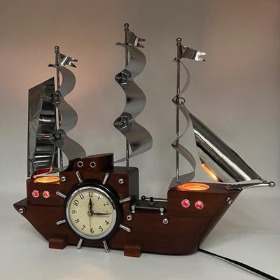 UNITED CLOCK CORP ~ Working Lighted Wooden Clipper Ship Mantel Clock