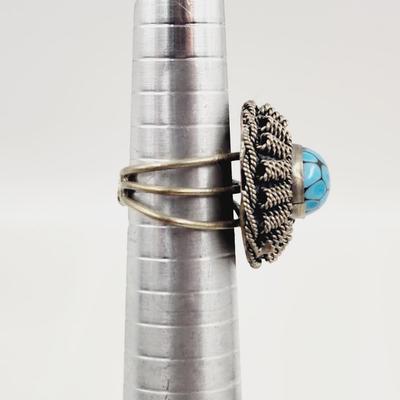 BEAUTIFUL NICKEL SILVER FILIGREE & TURQUOISE HANDCRAFTED RING - ADJUSTABLE