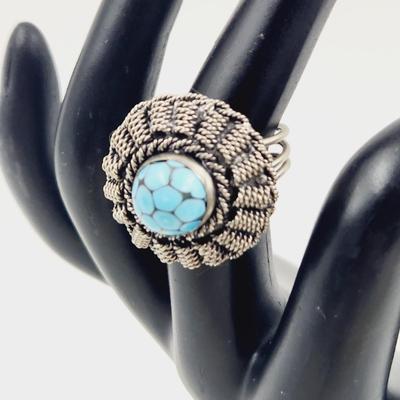 BEAUTIFUL NICKEL SILVER FILIGREE & TURQUOISE HANDCRAFTED RING - ADJUSTABLE