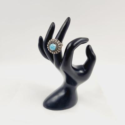 BEAUTIFUL NICKEL SILVER FILIGREE & TURQUOISE HANDCRAFTED RING - ADJUSTABLE