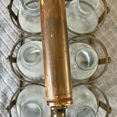 Antique Iron Milk Bottle Carrier with Wooden Handle and Glass Bottles