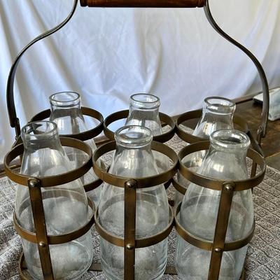 Antique Iron Milk Bottle Carrier with Wooden Handle and Glass Bottles