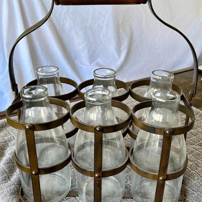 Antique Iron Milk Bottle Carrier with Wooden Handle and Glass Bottles