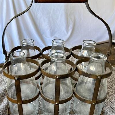 Antique Iron Milk Bottle Carrier with Wooden Handle and Glass Bottles