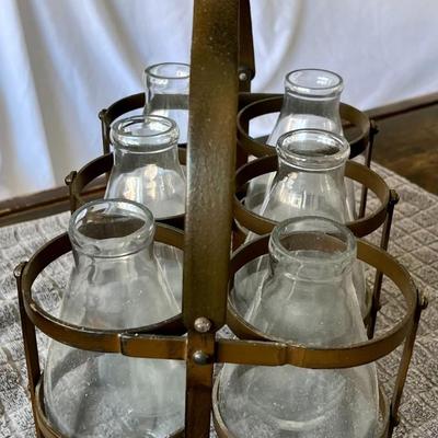 Antique Iron Milk Bottle Carrier with Wooden Handle and Glass Bottles