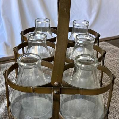 Antique Iron Milk Bottle Carrier with Wooden Handle and Glass Bottles