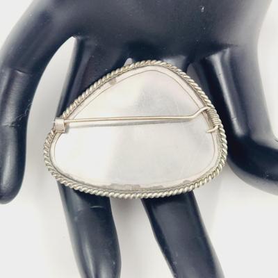 HANDPAINTED & ARTIST SIGNED MOTHER OF PEARL SILVER TONED BROOCH