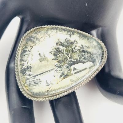 HANDPAINTED & ARTIST SIGNED MOTHER OF PEARL SILVER TONED BROOCH