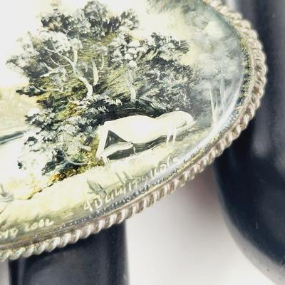 HANDPAINTED & ARTIST SIGNED MOTHER OF PEARL SILVER TONED BROOCH