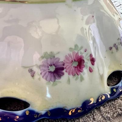 Antique Japanese Porcelain Chrysanthemum Gold Moriage Cobalt Blue Bowl 10" Inches
