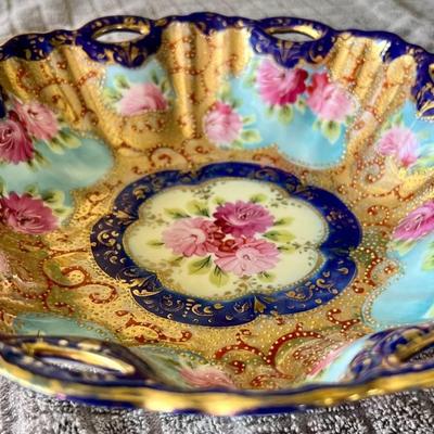 Antique Japanese Porcelain Chrysanthemum Gold Moriage Cobalt Blue Bowl 10" Inches