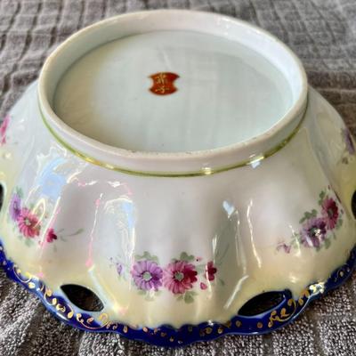 Antique Japanese Porcelain Chrysanthemum Gold Moriage Cobalt Blue Bowl 10" Inches