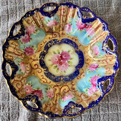Antique Japanese Porcelain Chrysanthemum Gold Moriage Cobalt Blue Bowl 10" Inches