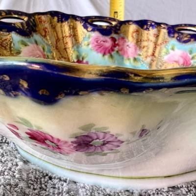 Antique Japanese Porcelain Chrysanthemum Gold Moriage Cobalt Blue Bowl 10" Inches