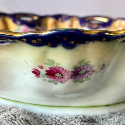 Antique Japanese Porcelain Chrysanthemum Gold Moriage Cobalt Blue Bowl 10" Inches